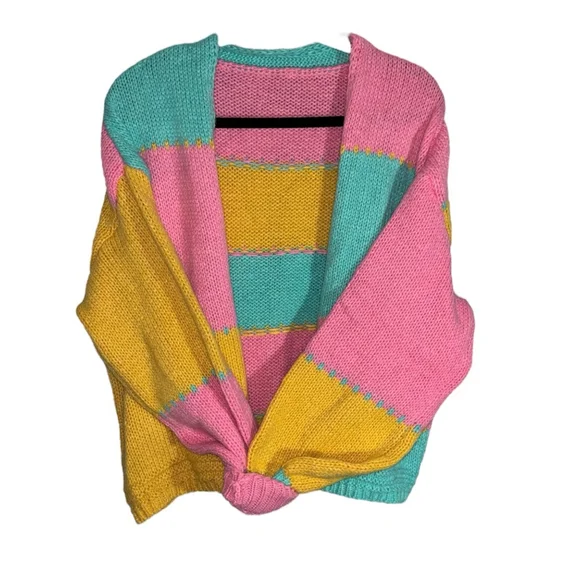 Colorblock Knit Cardigan Open Front Puff Sleeves Large - Picture 2 of 7
